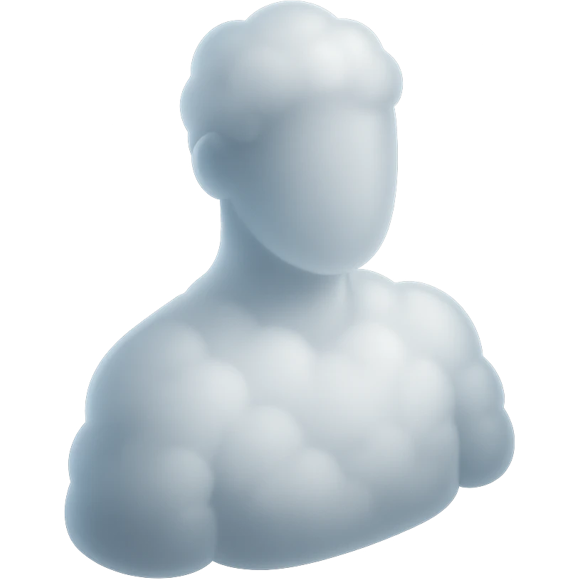 person consisting of white fluffy clouds, shoulder view, looking straight, matte glass style emoji