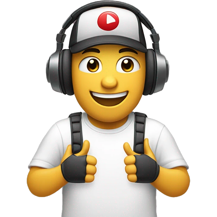 An emoji of a gamer wearing large headphones and a backward baseball cap, laughing with an open mouth. The eyes are closed from laughter, and one hand is raised, giving a thumbs-up gesture. The background is simple and non-distracting. emoji