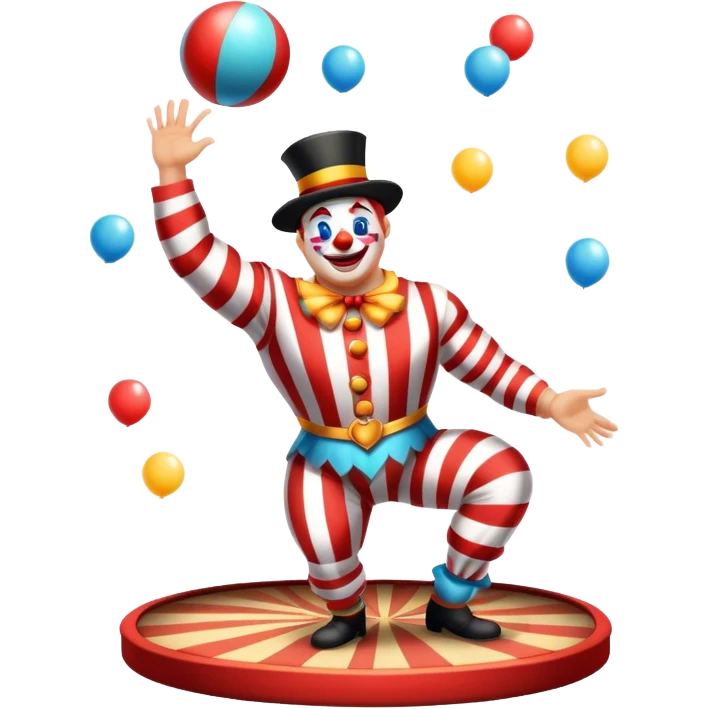 Icon for Circus Arts: a vibrant round circus arena with a strongman in a striped costume, a juggler performing and a clown entertaining the crowd. The icon should capture the energy and excitement of a circus performance. Transparent background. emoji
