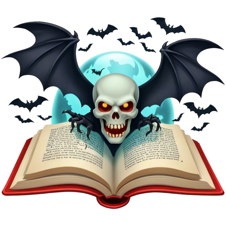 Icon for Horror & Mystery Reading: an open book with eerie glowing symbols, from which rise vampire Dracula with fangs, flying bats, a zombie hands, skulls. Surrounding elements. Transparent background. emoji
