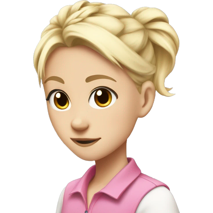 jecka from class of 09, so a white blonde anime girl with a pink polo and a loose half tied up hair bun emoji