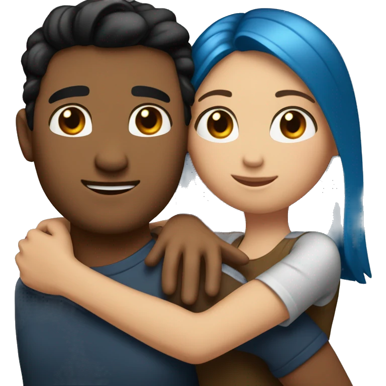 Couple having a big hug, arms around each other. man with light brown skin and black hair. short white woman with brown hair and blue eyes  emoji