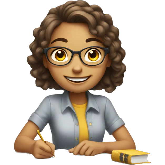 White Smart girl doing Homework on a desk with happy face emoji