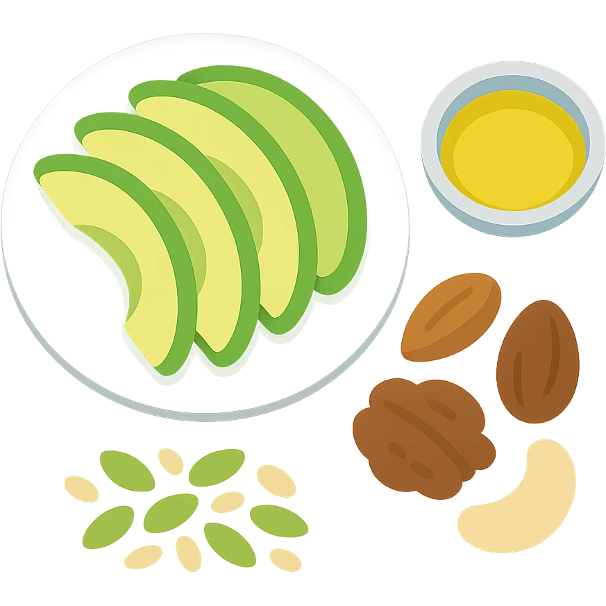 plate with avocado slices, assorted nuts, small dish of olive oil, and mixed seeds emoji