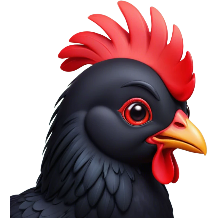 Cinematic Cute Black Chicken Portrait Emoji, Head tilted playfully and inquisitively, featuring sleek, lustrous black feathers and a vibrant red comb, round, sparkling beady eyes filled with curiosity, Simplified yet irresistibly adorable features, highly detailed, glowing with a warm, friendly glow, high shine, affectionate and lively, stylized with a touch of whimsical charm, bright and endearing, soft glowing outline, capturing the essence of a mischievous yet loving chicken, so playful it feels like it could peck out of the screen and into your arms! emoji