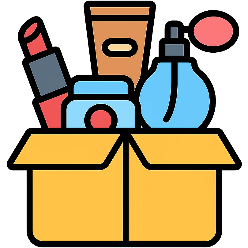 an opened box with various beauty items spilling out, including makeup, skincare, and perfume emoji