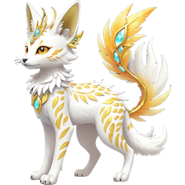 Epic complex fantasy glorious detailed futuristic divine godly angelic feathery sunny, white, albino, pastel, golden, orange glowing sparkly, realistic Fakémon-Sprigatito-Floragato-Meowscarada-Trico-Sergal-Serval-Solgaleo-Vernid-creature (full body) solarpunk, shiny sparkly with a gold laurel emoji