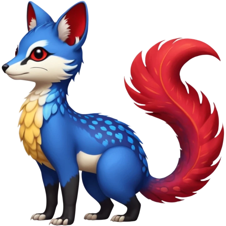 Feral Rare Fantasy vibrant tropical exotic cobalt-blue-crimson-red-black-white-yellow-gradients, Vernid-Trico-species-creature by LiLaiRa, random markings, tufted tail, tufted ears, full body emoji