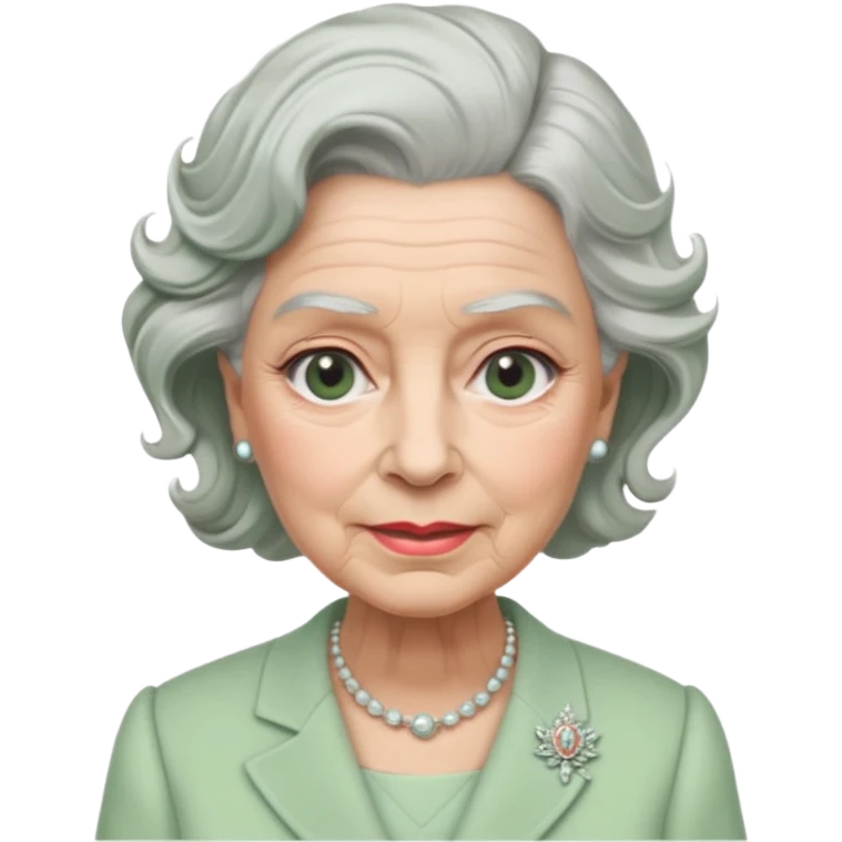 Queen Elizabeth with grey hair and waves in pastel green clothes emoji