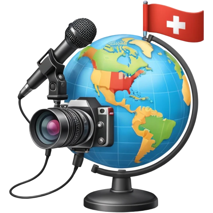 An icon showing a microphone, a notepad, and a camera, symbolizing journalism. The design includes a globe in the background, representing global news, and a breaking news banner for emphasis. Transparent background highlights the dynamic world of media and reporting. emoji