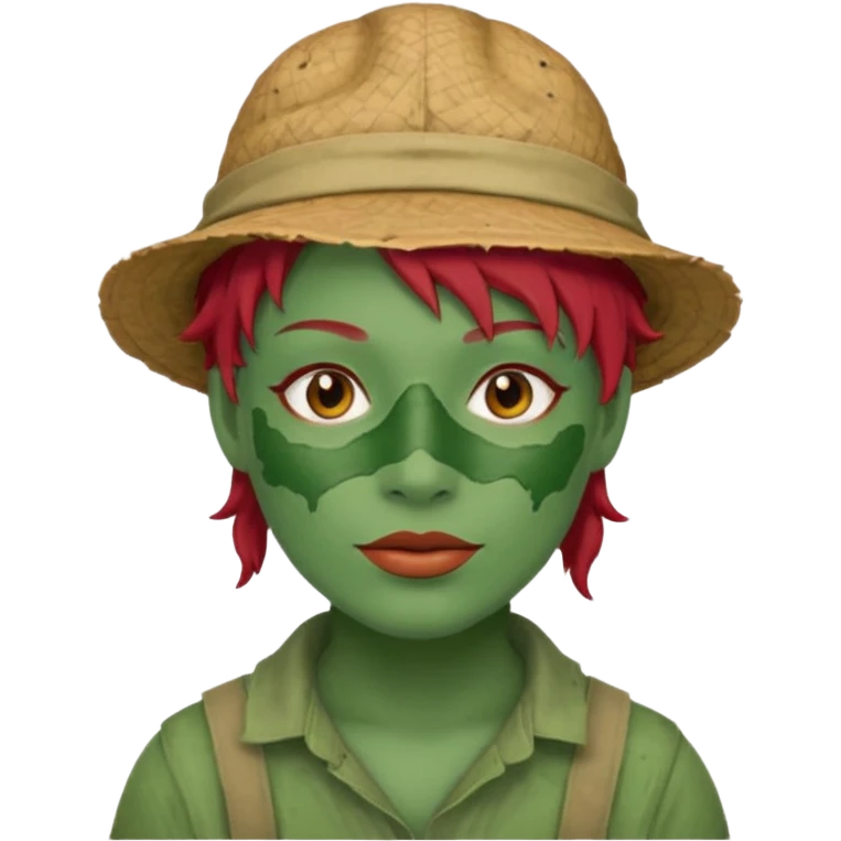 messy green full face green clay mask and tourist hat red hair  emoji