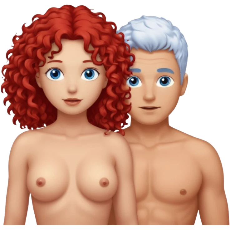 Homme nu cheveux blanc courts, yeux bleu mal rasé + femme nu gros seins rousse cheveux longs bouclés yeux bleu emoji