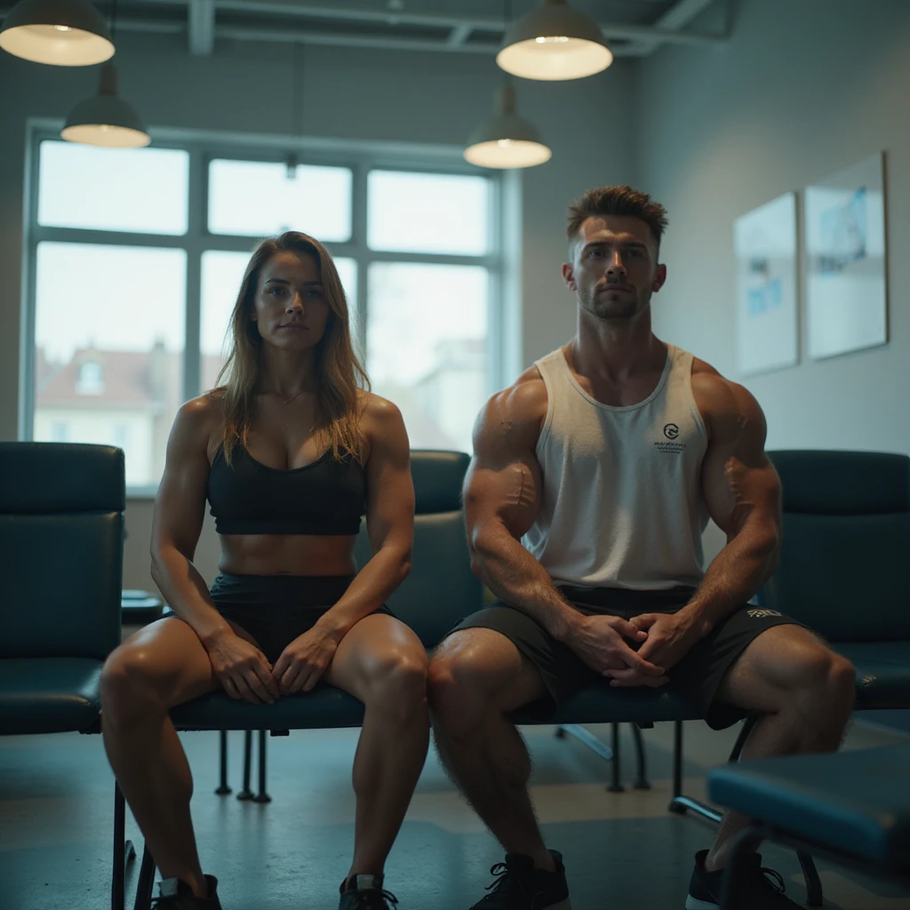 male and female bodybuilders sitting in a waiting room of a blood test laboratory, gym clothing, realistic atmosphere, hyperrealistic 4K details, clinical environment, focused expressions emoji