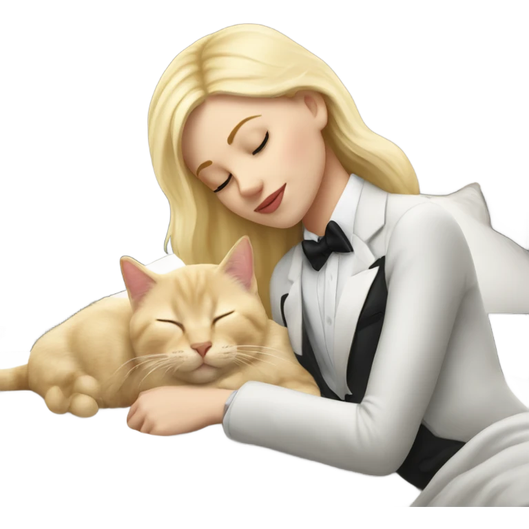 White girl blonde hair sleeping with tuxedo kitty emoji