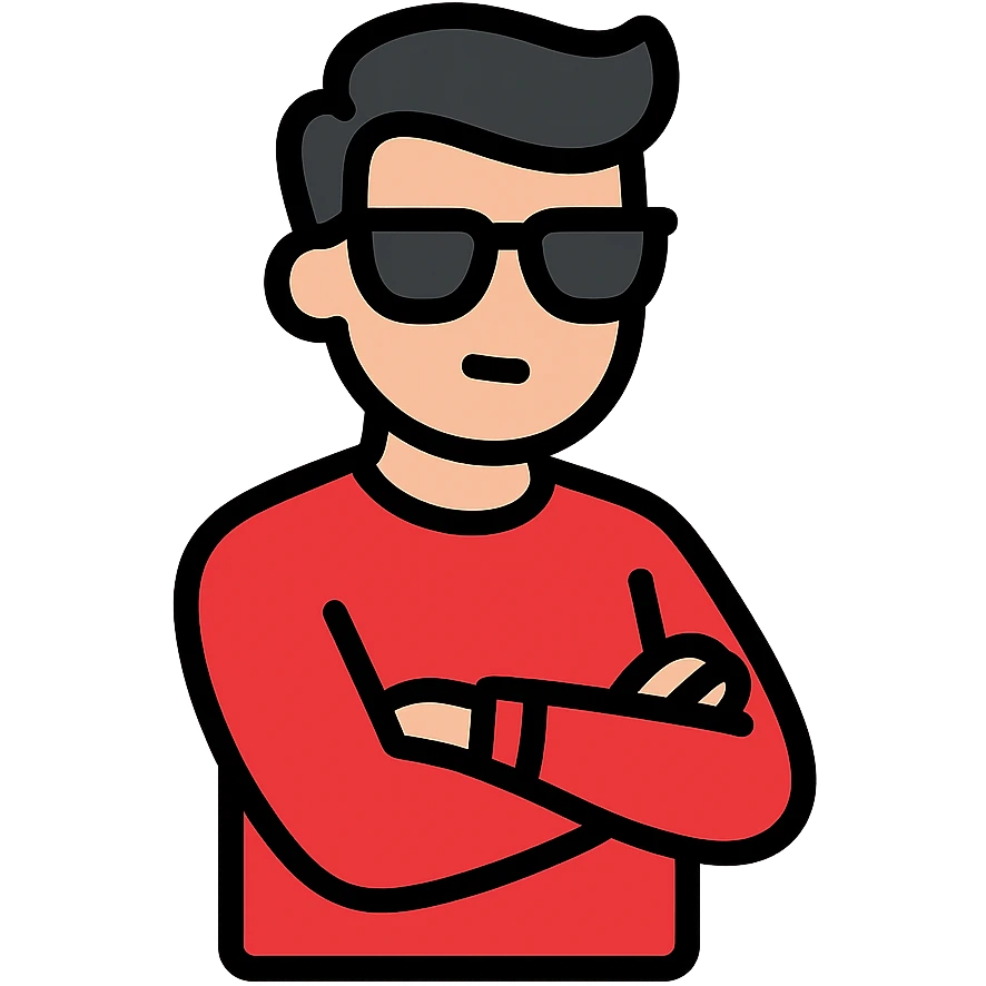 A guy in a red sweatshirt with sunglasses, with stylish black hair, stands in a cool pose emoji