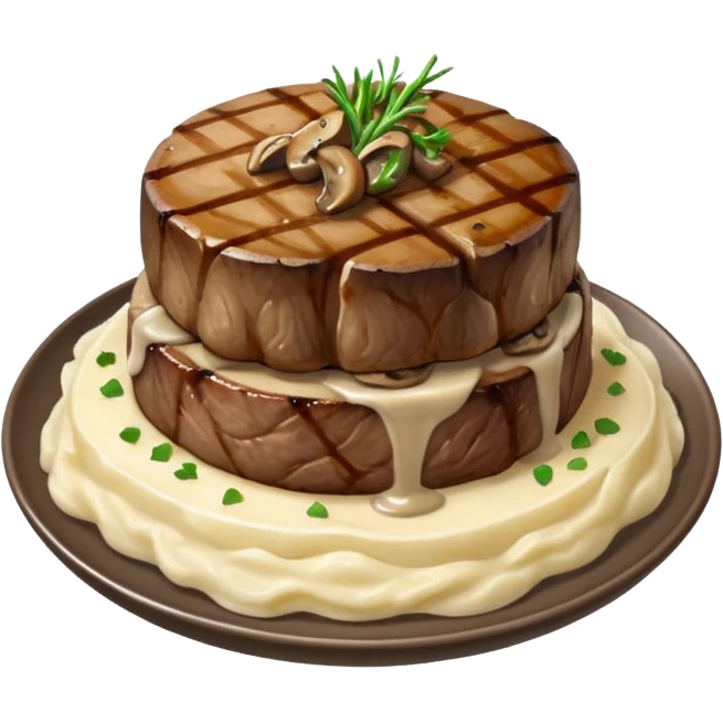 Filet with mashed potato’s and mushroom gravy with grilled onions emoji