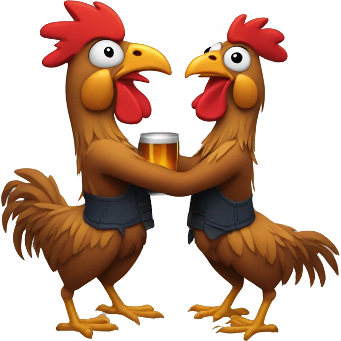 roosters hugging and drinking beer as brothers emoji