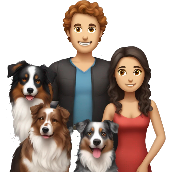 family group consisting of brunette long hair woman, hairless man , black tri Australian shepherd, red Merle Australian shepherd,  emoji