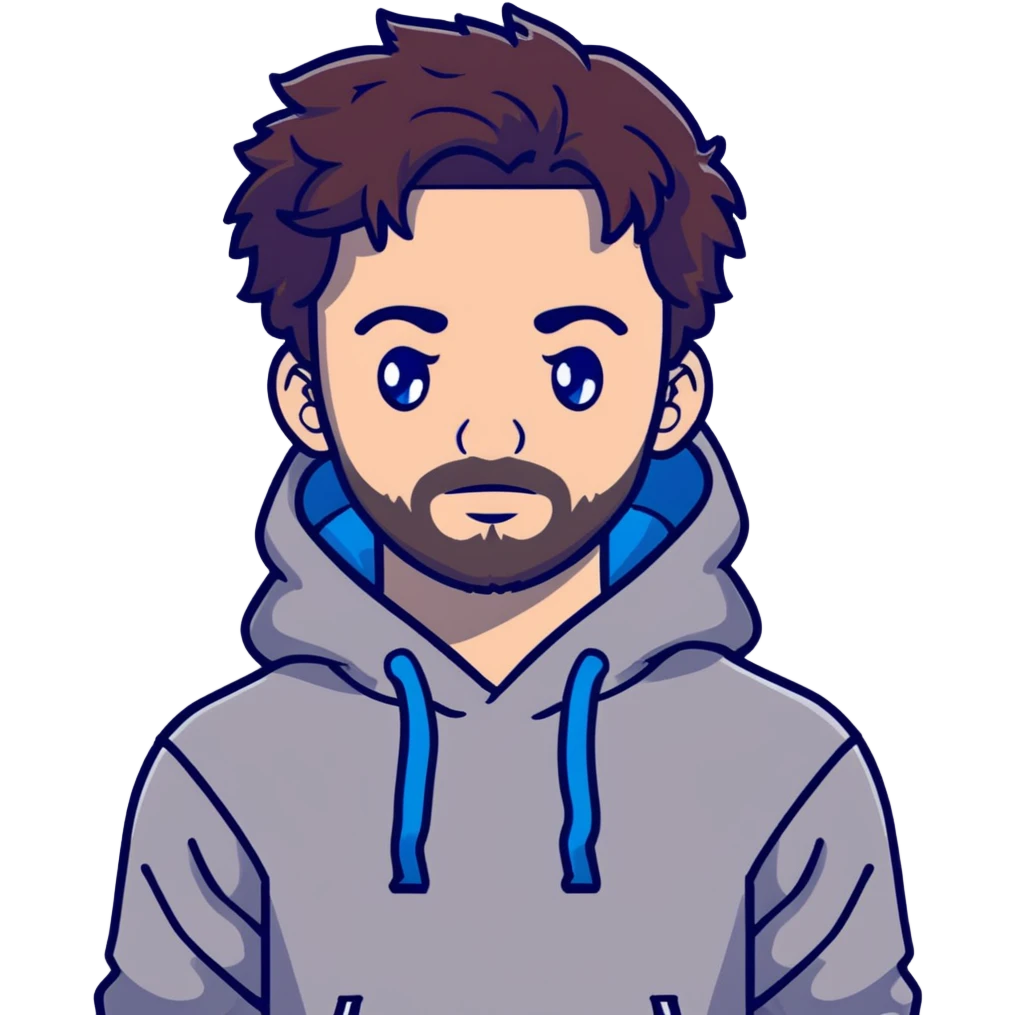 Full body Adult male with blue eyes and dark redish messy hair and trimmed facial hair wearing a gray puma brand hoodie  emoji