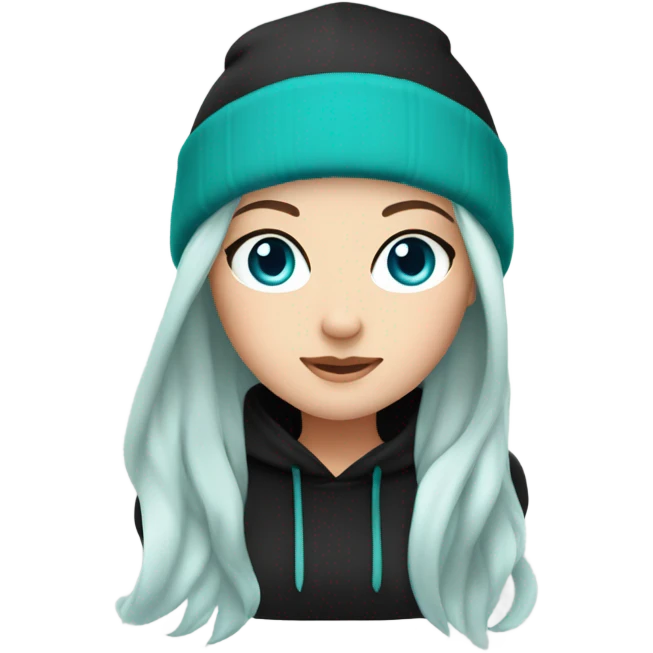 White girl, black hoodie, long teal hair, purple beanie hat, blue eyes emoji