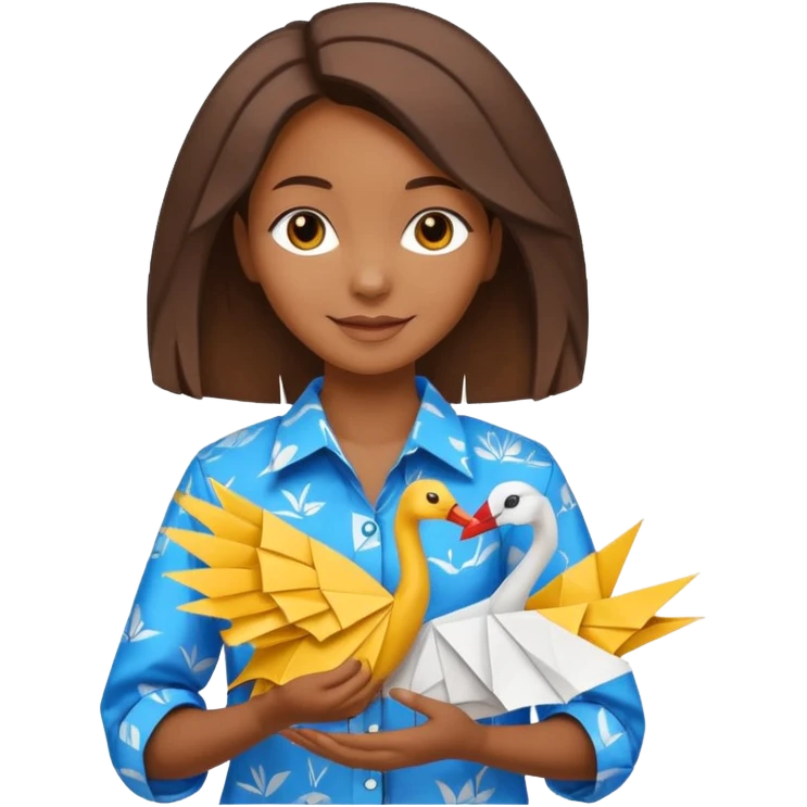 happy-african-young-girl-with-brown-african-hair-in-a-white-colorful-vintage-kanga-shirt-holds-an-origami-yellow-and-blue-crane emoji