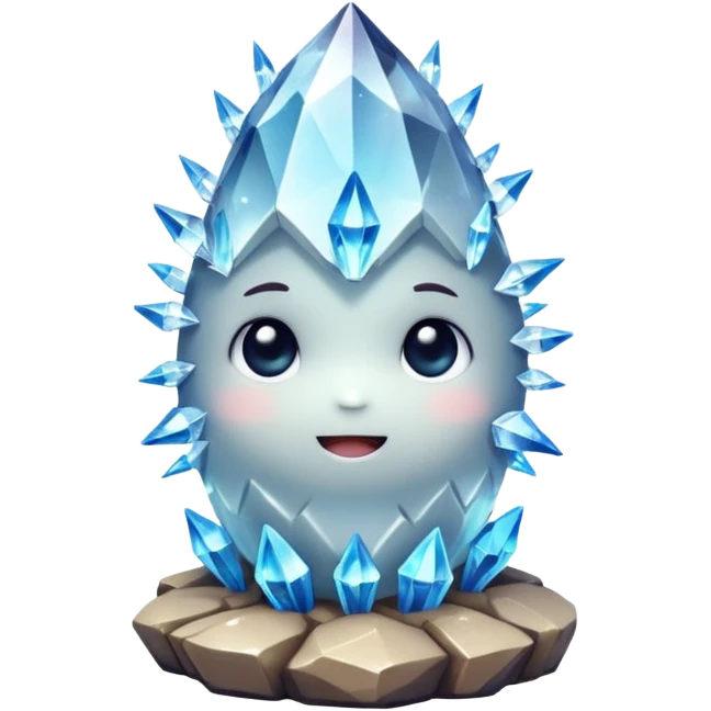 A single cute crystal rock character inspired by a clear quartz cluster, chunky round base with many tall transparent crystal spikes growing upward all around it  emoji