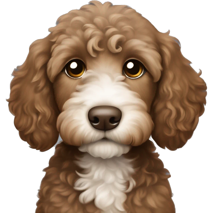 Brown Labradoodle puppy with white patch on tummy brown face and a collar that says “moose” emoji