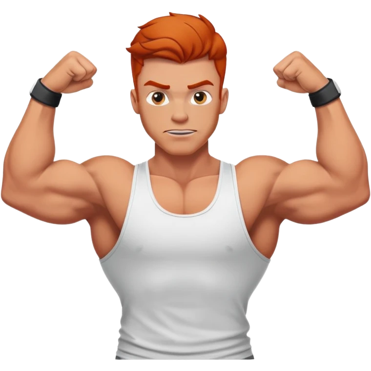 Redheaded muscular guy in a tank top in a double bicep pose emoji