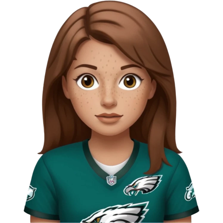 White girl with long  milk chocolate brown hair and freckles wearring a Philadelphia eagles jersey emoji