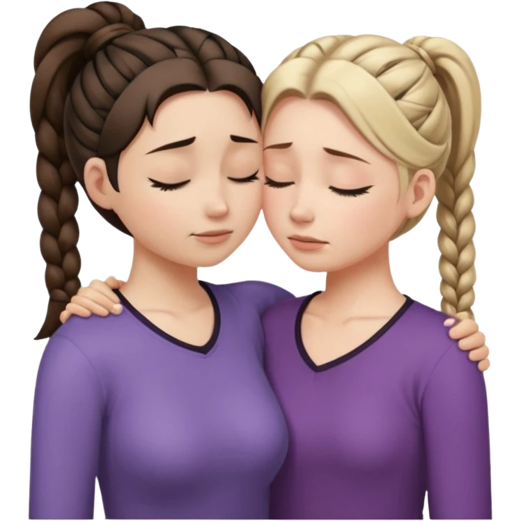 Comforting Hug two white skin women, one shorter woman with medium brown simple top ponytail, not braided, and one taller sad woman with a single long black side braid emoji