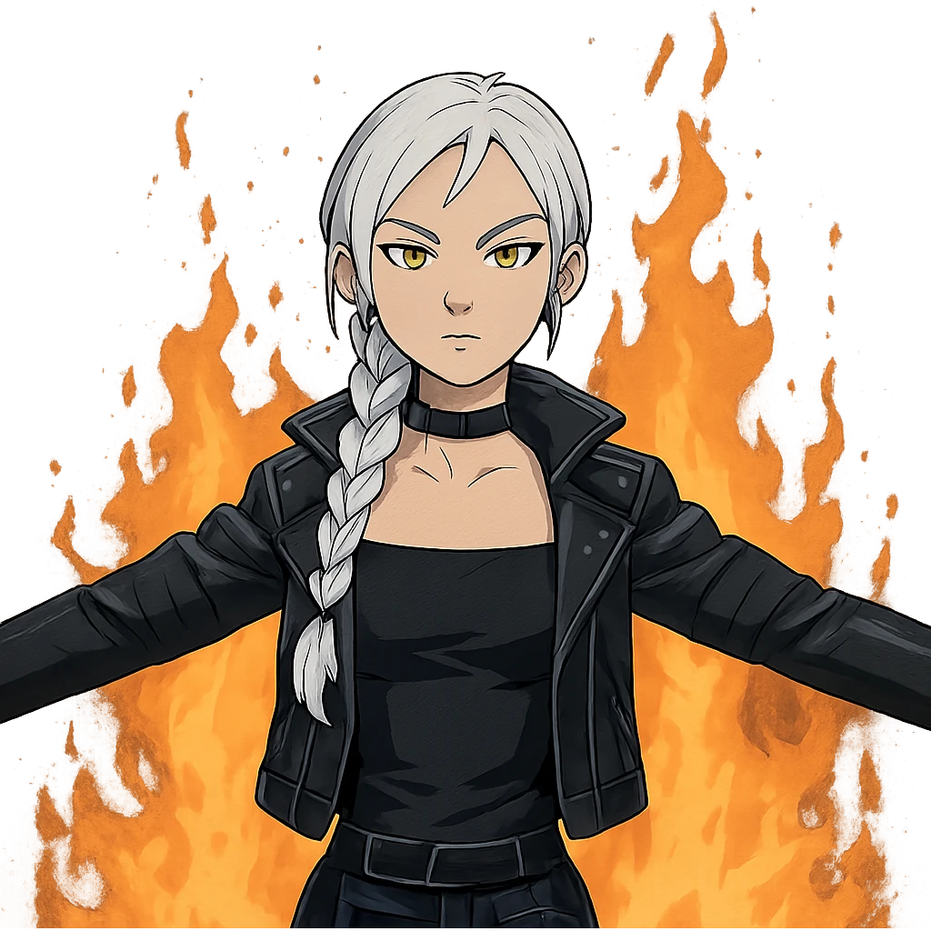  young woman with gold yellow eyes, white hair, long braid, black off-shoulder top, punk gothic style, futuristic cyberwave cyberpunk,, she is calmly t-posing in front of a raging fire emoji