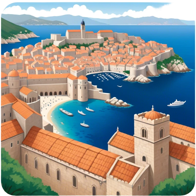 Cinematic Realistic Dubrovnik Landmark Emoji, showcasing the historic walled city with its terracotta rooftops, stone fortifications, and the deep blue Adriatic Sea stretching beyond. emoji