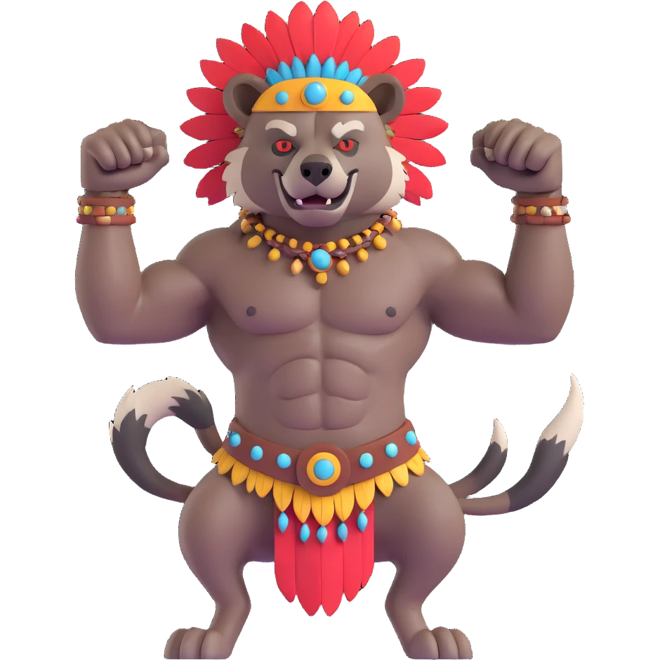 A native strong buff hyena with war bonnet flexing posing  emoji