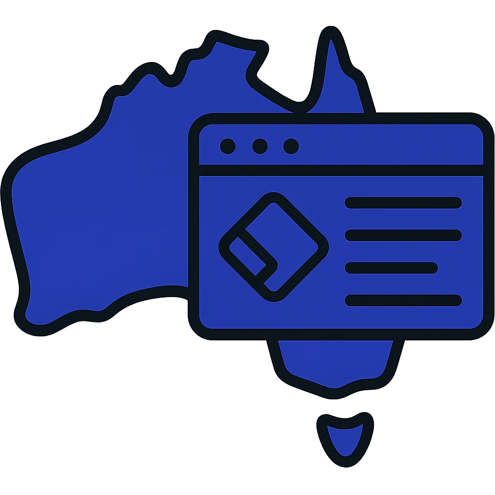 Update the map of Australia with digital web page overlay icon to use #403DAD as the main and dominant color throughout, keeping the modern and techy look, no text emoji