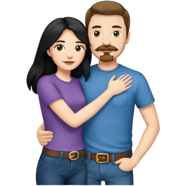 tall white man with brown hair goatee mustache wearing t-shirt and jeans hugging a shorter white woman with long black hair emoji