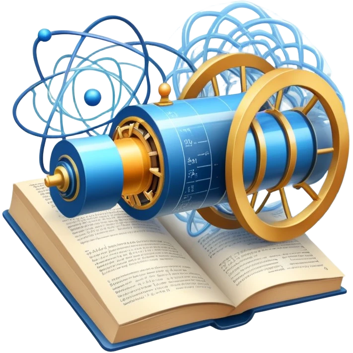 An icon featuring a physics textbook, a large Hadron Collider with particles flying off, symbolizing the study of physics. The design includes atomic models, energy waves, and scientific formulas, representing fundamental physical principles and research. Transparent background. emoji