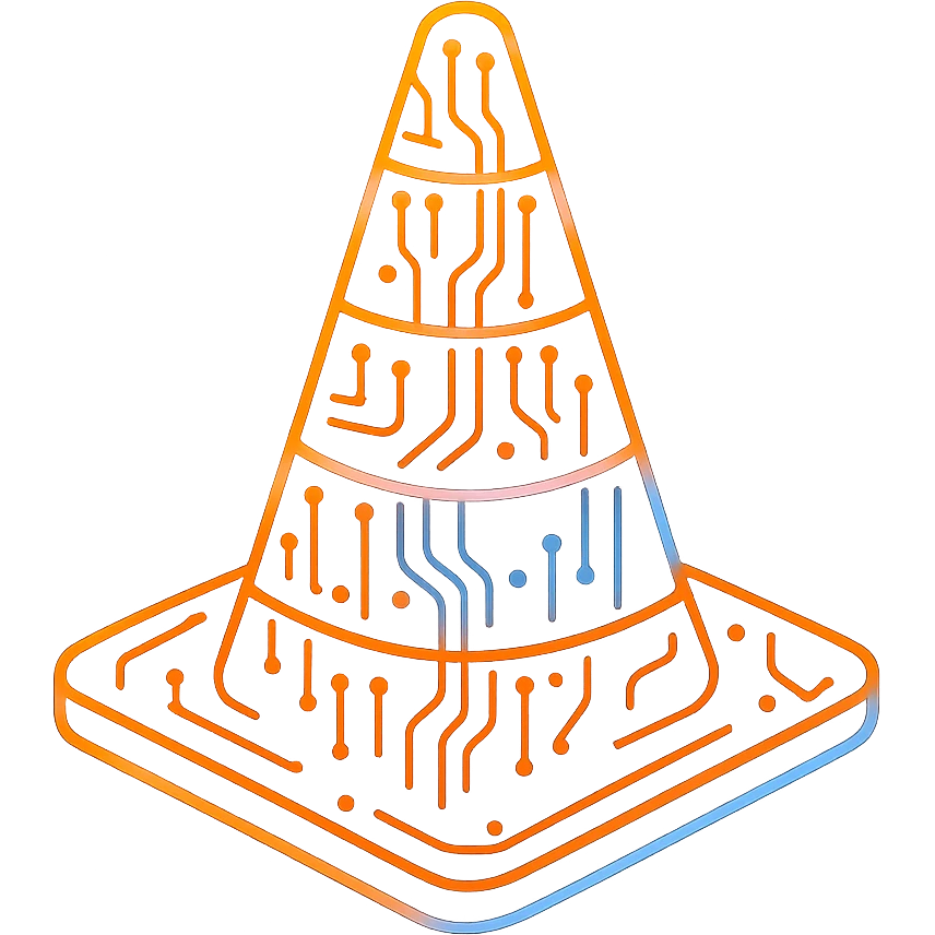Recreate the VLC cone icon in a flat cyberpunk style with glowing neon orange and white colors, accented by blue and pink neon highlights. Incorporate intricate circuit patterns throughout the cone. The design should be clean, futuristic, and consistent with the other cyberpunk icons in the set. Avoid any 3D shading and keep the style flat and glowing with a transparent background. emoji