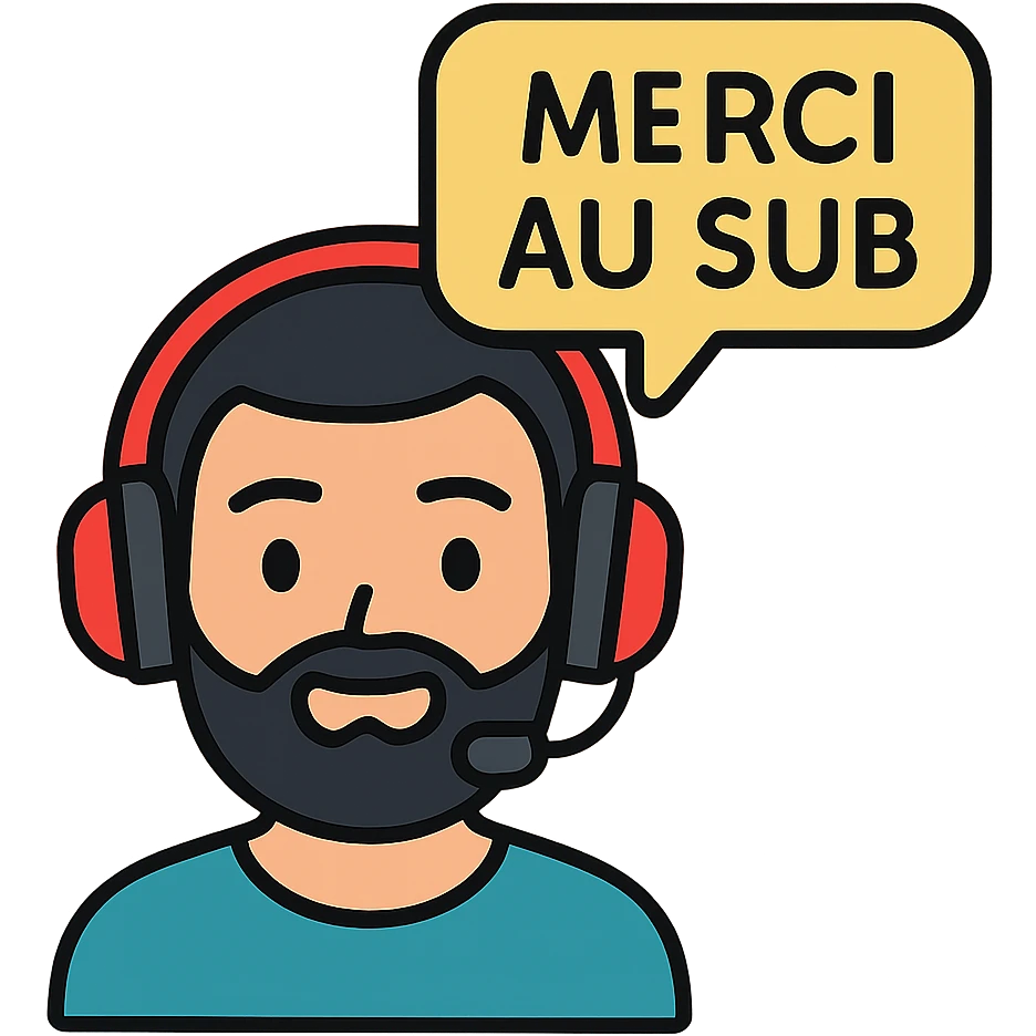 A person with black hair, brown eyes, and a black beard wearing a gaming headset saying "merci au SUB" emoji