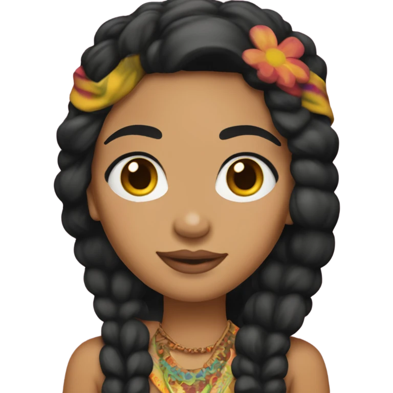 Tanned woman with black hair dressed in 1970s hippie attire, hair, makeup, and  attire with headband  emoji