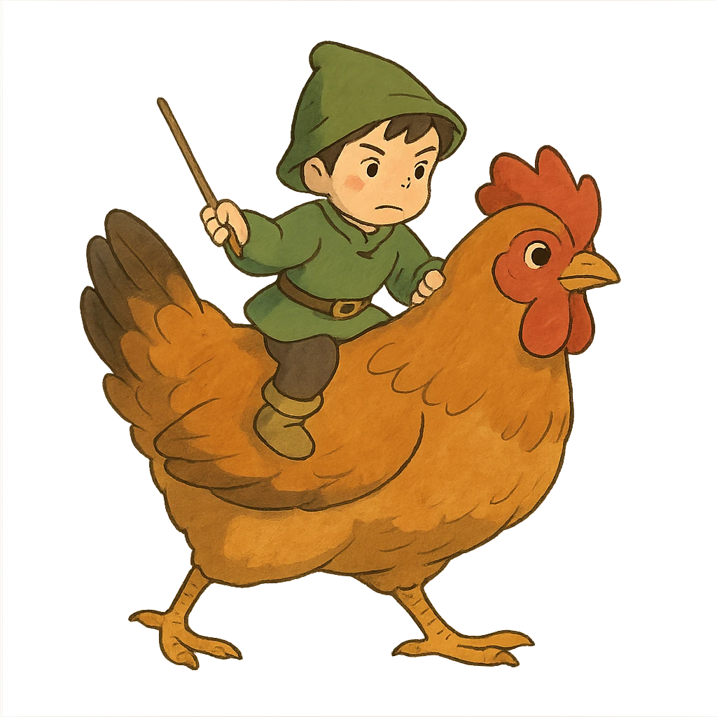 ghibli style chicken jockey small character riding a chicken emoji