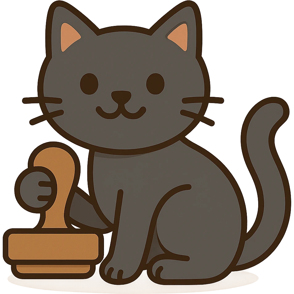 Add color to the black cat, keeping the style clear and playful, with a dark gray or black cat and natural stamp colors, no background. Maintain the original style's clarity and playfulness. emoji