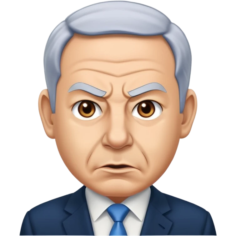 Create a highly recognizable emoji-style illustration of Benjamin Netanyahu, with angry facial features, exaggerated expressions, and a cartoonish look, focusing on clear and iconic shapes, flat colors, and a clean vector style emoji
