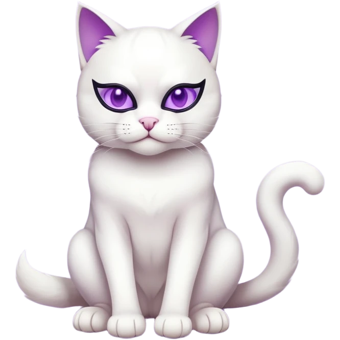 white cat sitting wearing a mask full body with purple eyes emoji