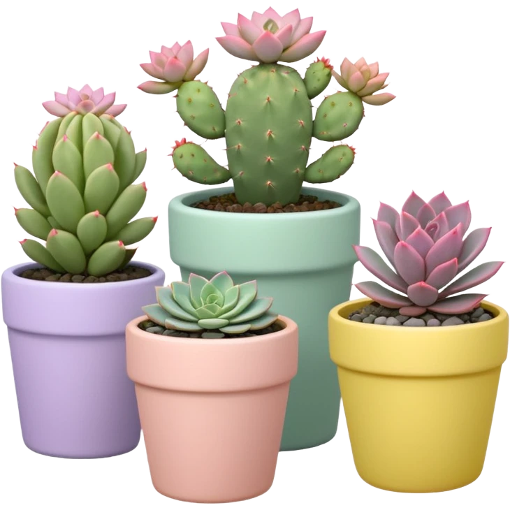 A pastel pink ceramic pot with a sedum succulent, a pastel green ceramic pot with a graptopetalum succulent, a pastel yellow ceramic pot with an echeveria succulent, and a pastel purple ceramic pot with a flowering cactus. All are cylindrical and placed separately on the floor. emoji