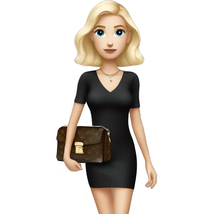 Blonde girl with bright blue eyes holding Louis Vuitton monogram bag in tight short all black dress emoji