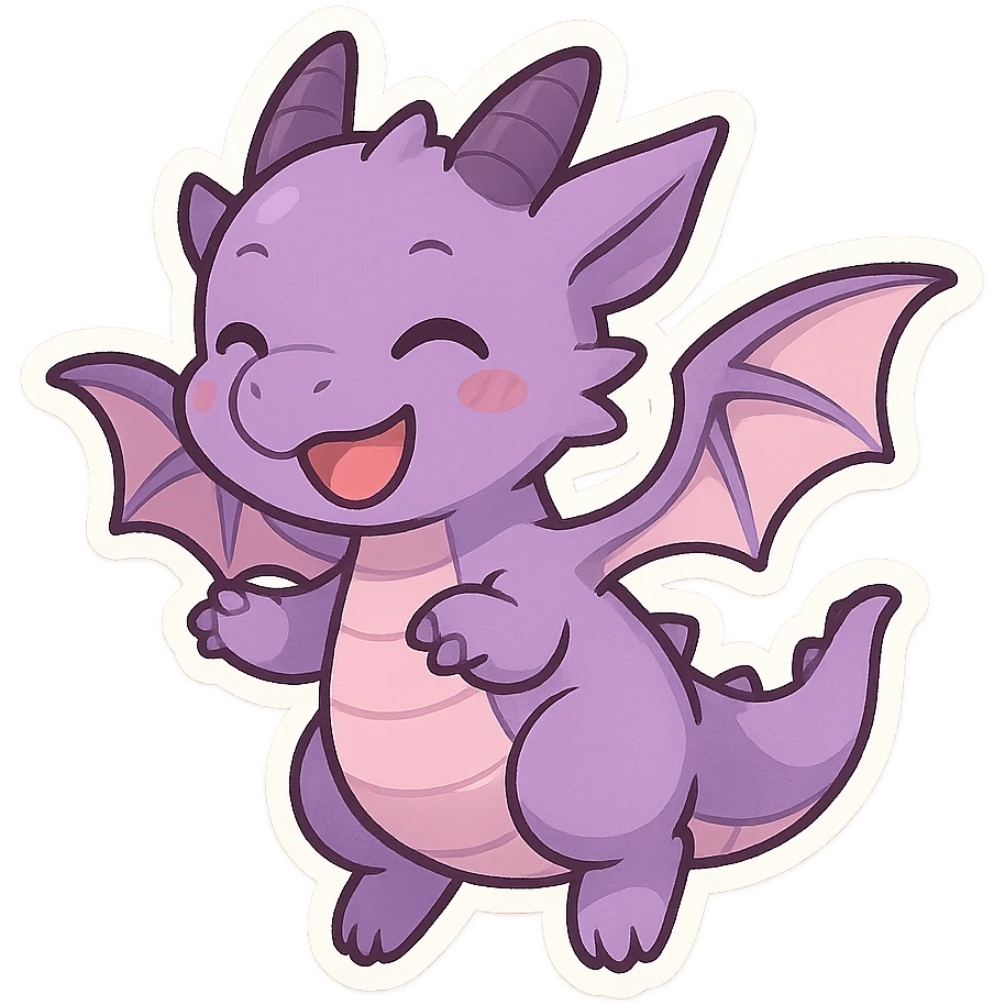 purple dragon in chibi anime style, flying, happy, tiny wings emoji