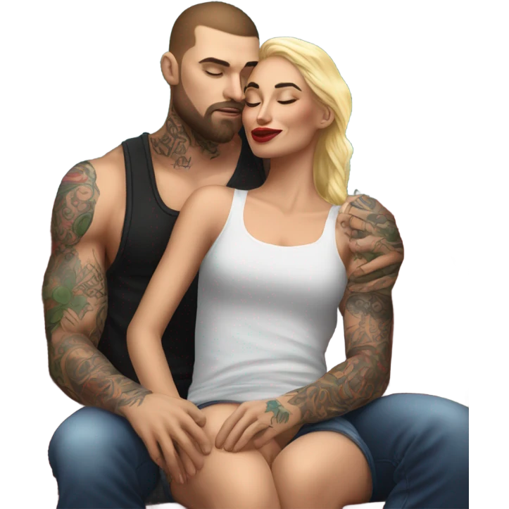 Hyper Realistic beautiful woman in the arms of a very handsome tattooed man kissing on a sofa emoji