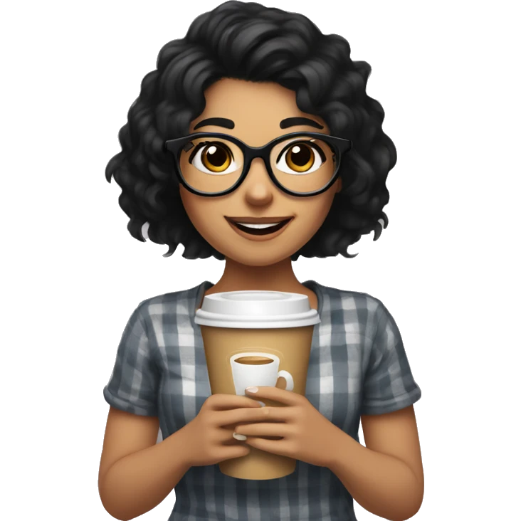 smiling girl with black hair and shaggy haircut standing with a coffee in her hand, wearing big black glasses emoji