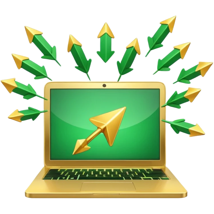 3D laptop icon with gold coins flying out of screen, green color (#0B3D2C), gold accents (#C9B037), upward arrows, glossy modern style, transparent background emoji