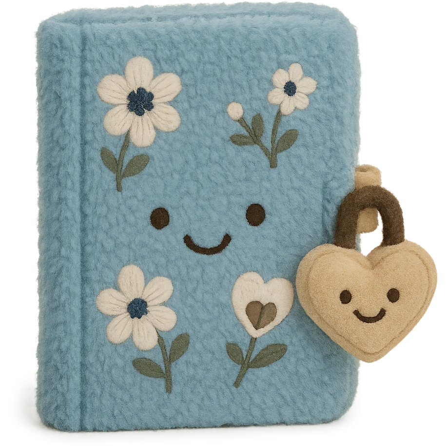Blue Floral journal with a heart-shaped lock as a kawaii plushie, jellycat style  emoji